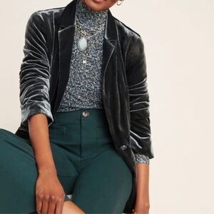 Anthropologie Alessia Velvet Blazer Green Carbon XSP